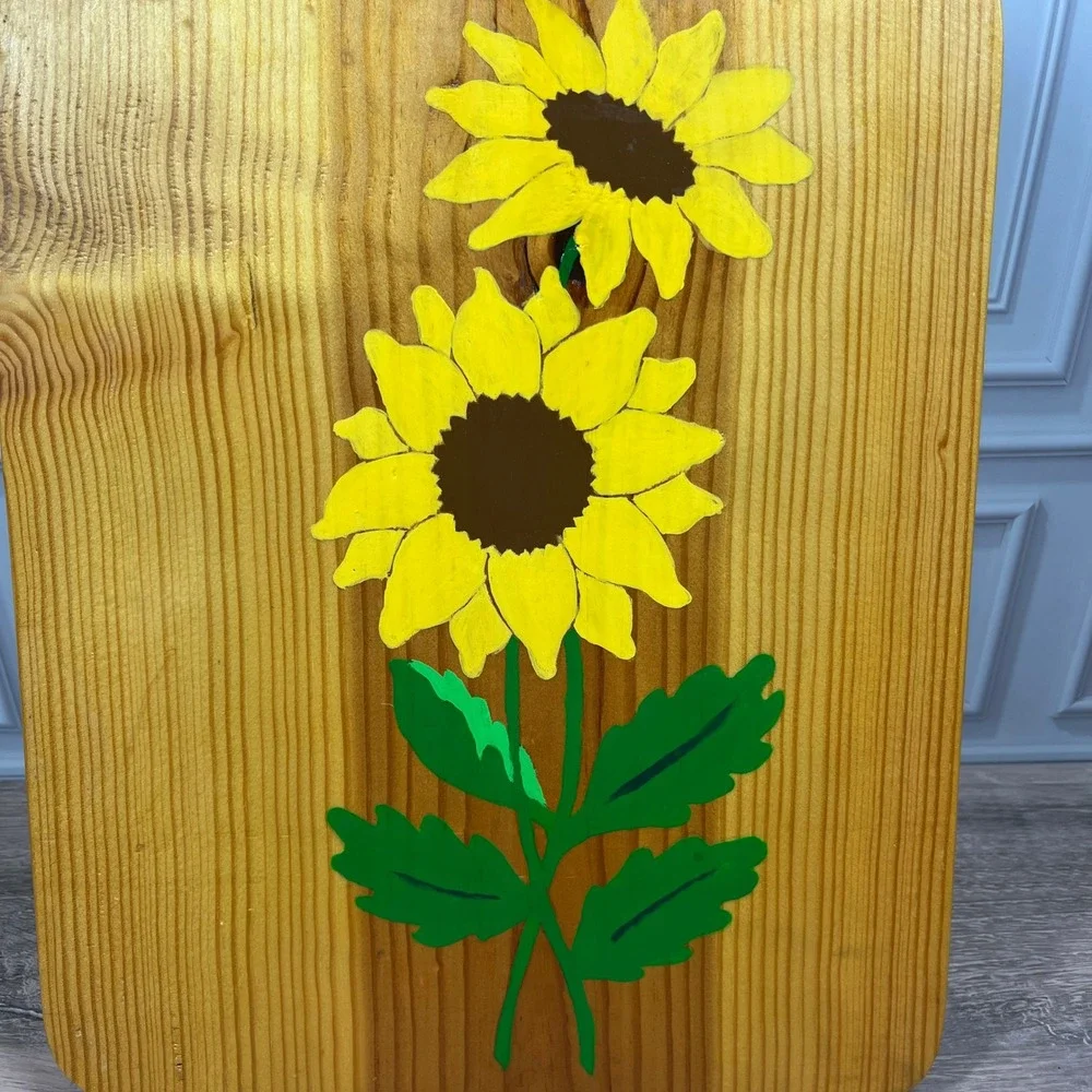 Vintage Wooden Cutting Board Hand Painted Sunflower Heart Handle Cottagecore